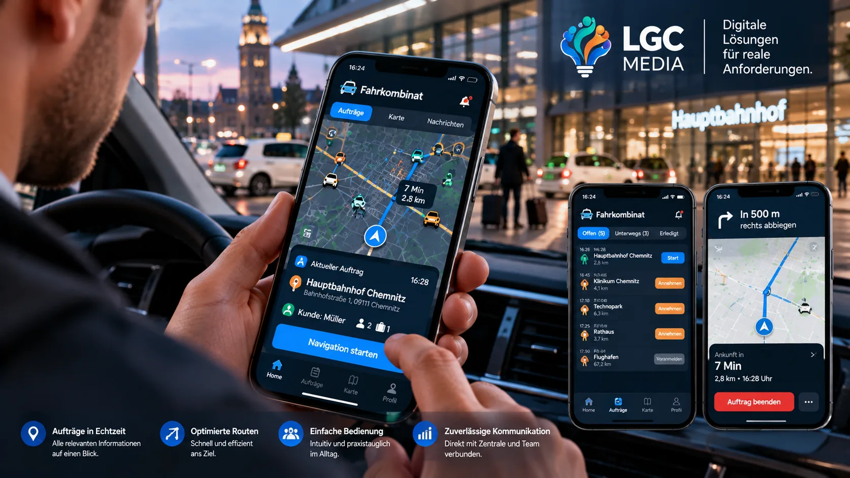 Inszenierte mobile Auftrags- und Kartenansicht für den Fahrzeugeinsatz; keine echte Fahrkombinat-App