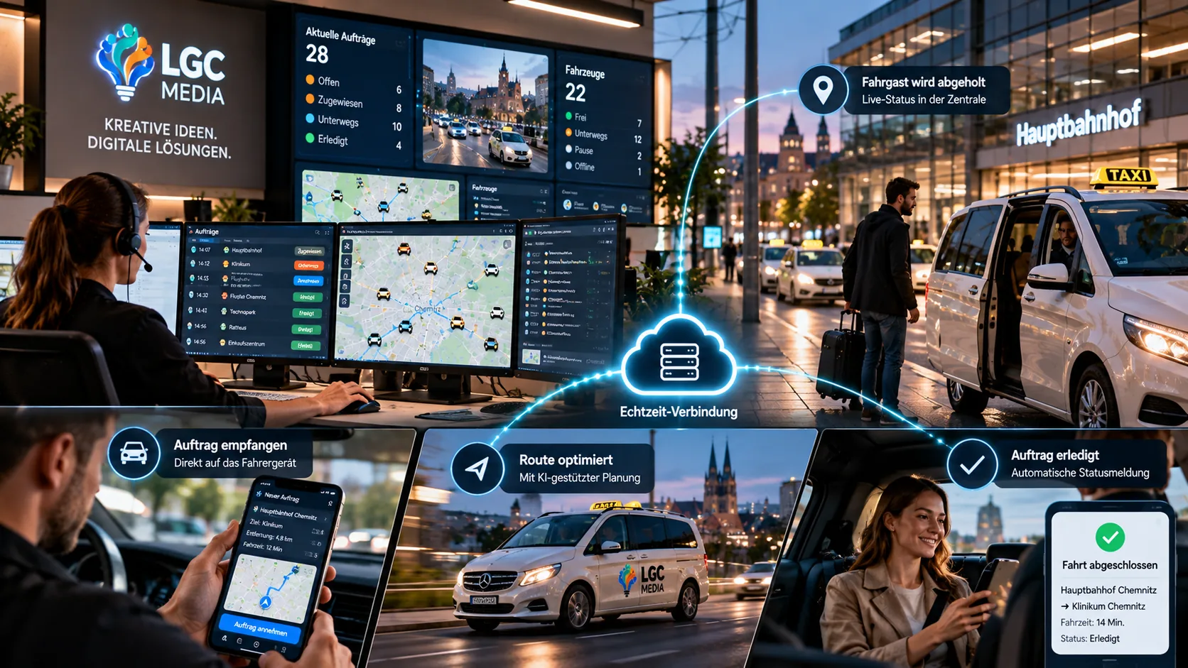 Konzeptdarstellung des Zusammenspiels von Dispositionsbüro, mobilem Auftrag und Taxi