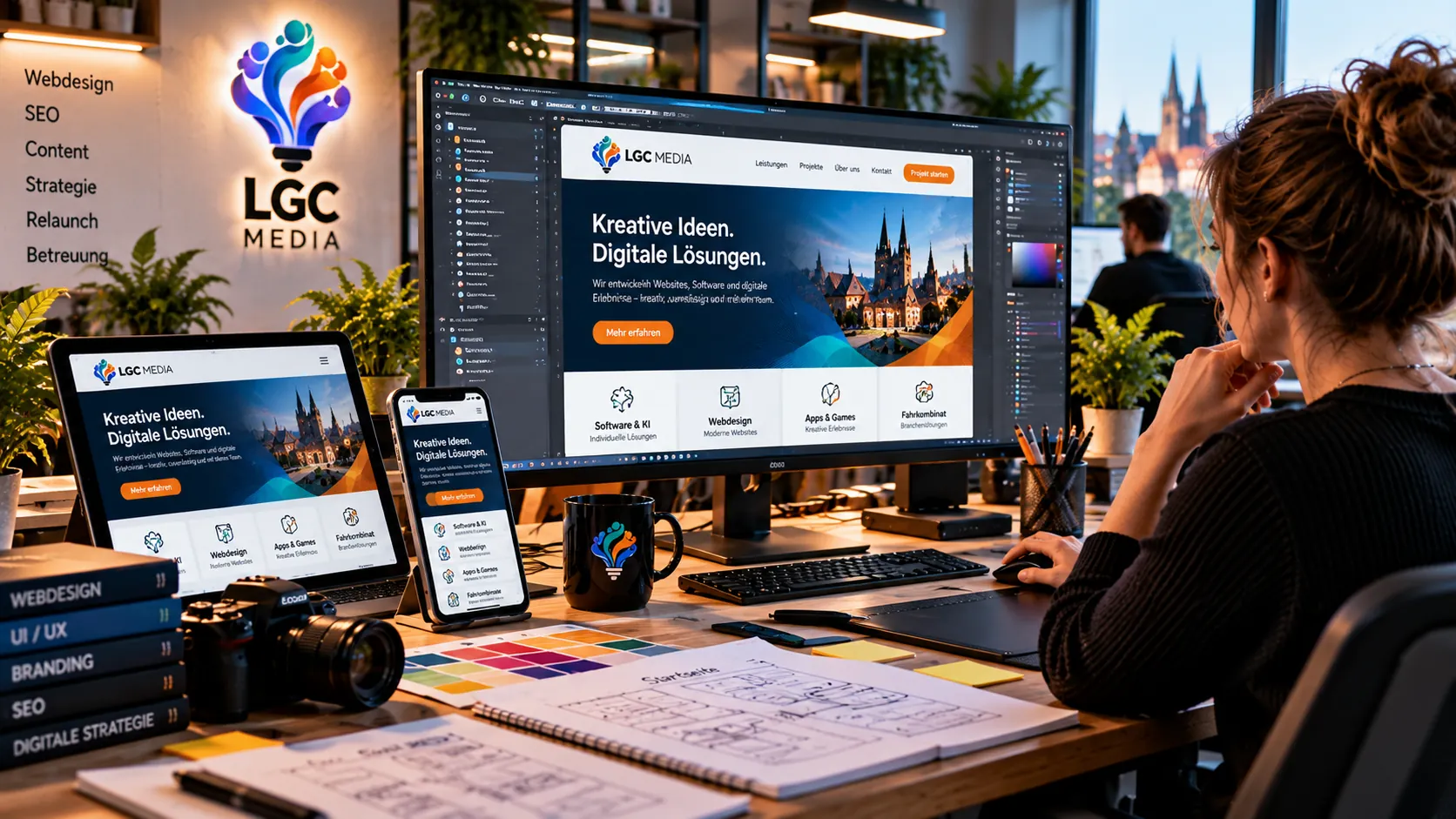 Inszenierter Webdesign-Arbeitsplatz mit Desktop-, Tablet- und Smartphone-Ansicht einer Website