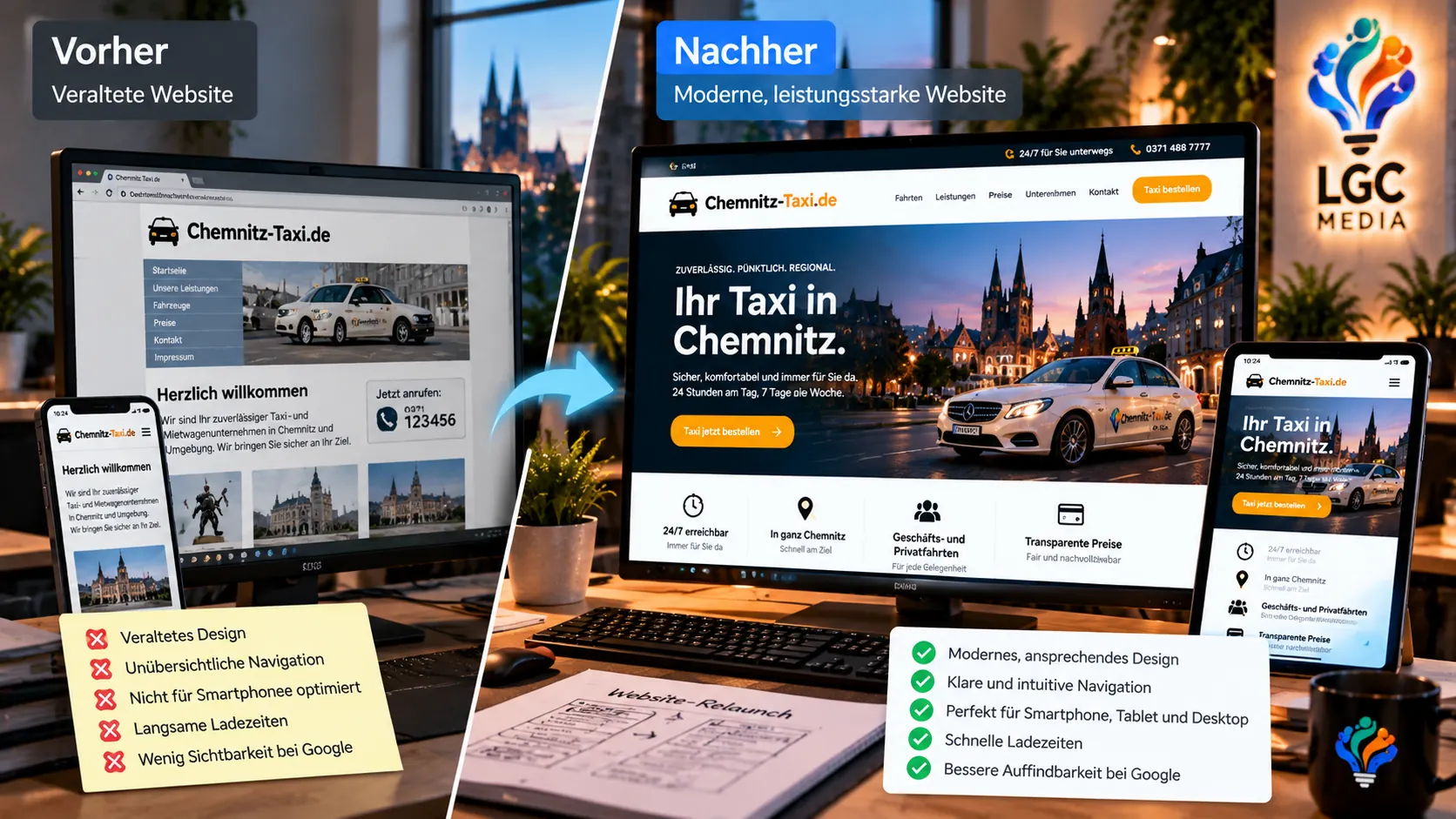 Illustrativer Vorher-Nachher-Vergleich einer veralteten und einer modern gestalteten Website
