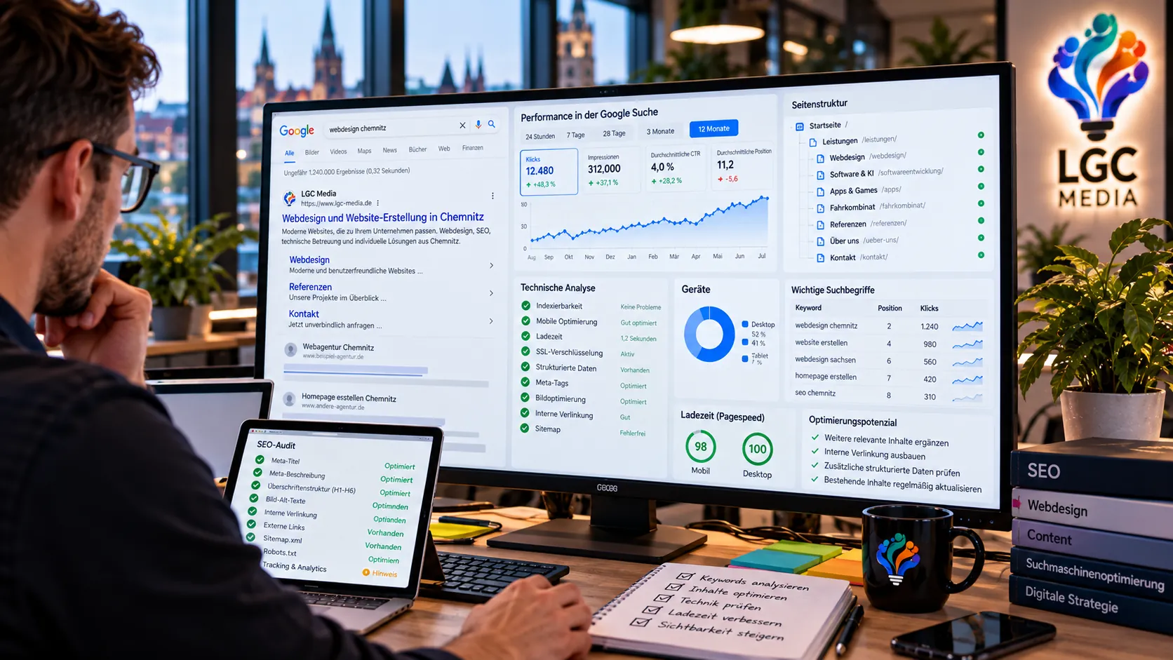 Beispielhafte SEO-Analyse mit Suchergebnissen, Seitenstruktur und technischen Prüfungen
