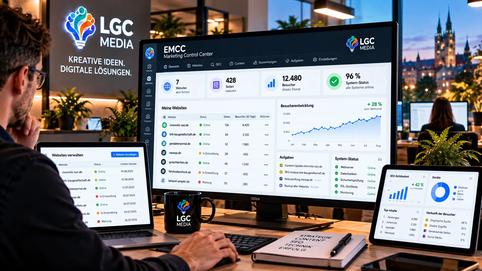 Konzeptbild eines Marketing Control Centers mit Übersicht über Websites, Status und Aufgaben