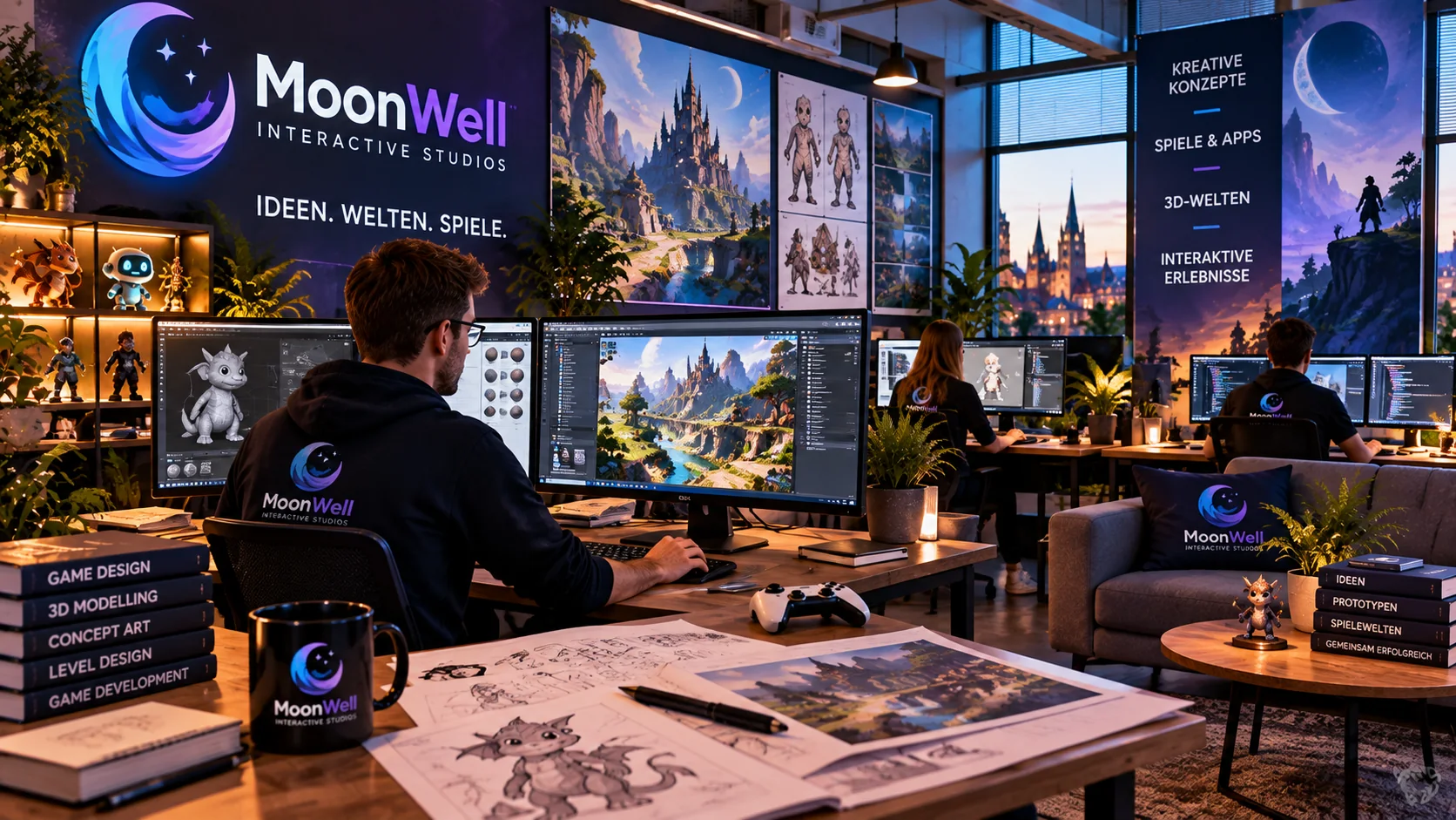 Konzeptdarstellung eines kreativen Spieleentwicklungsstudios mit mehreren Arbeitsplätzen und Fantasiewelten