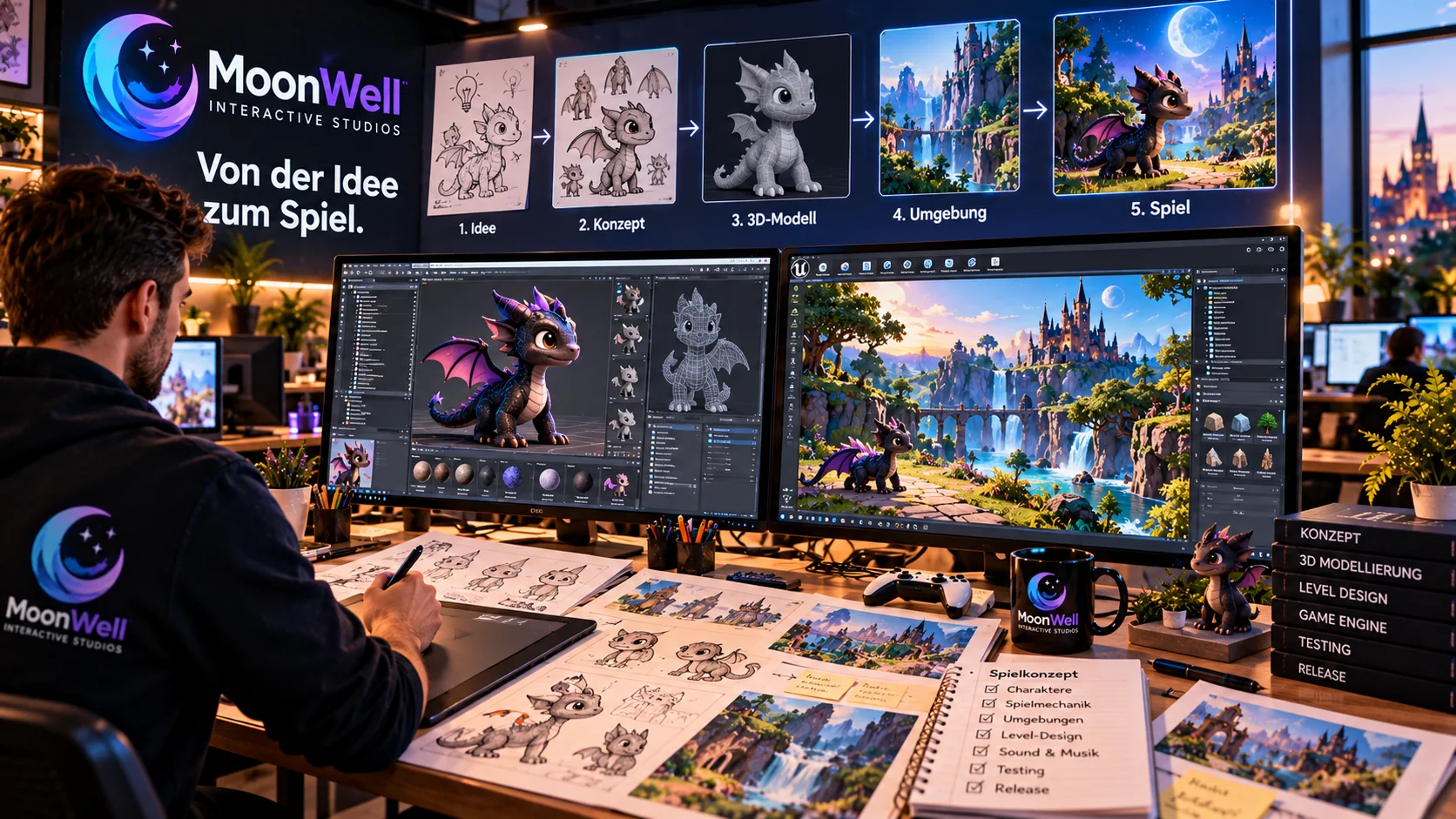 Illustrativer Entwicklungsprozess vom gezeichneten Drachen über ein 3D-Modell zur Spielumgebung