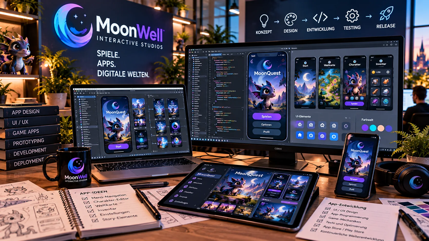 Beispiel einer App-Entwicklungsumgebung mit zusammengehörigen Entwürfen auf Monitor, Tablet und Smartphone