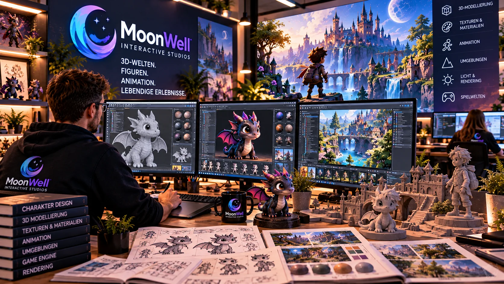Konzeptszene mit 3D-Figurenmodellierung, Texturen, Animation und fantasievoller Spielumgebung