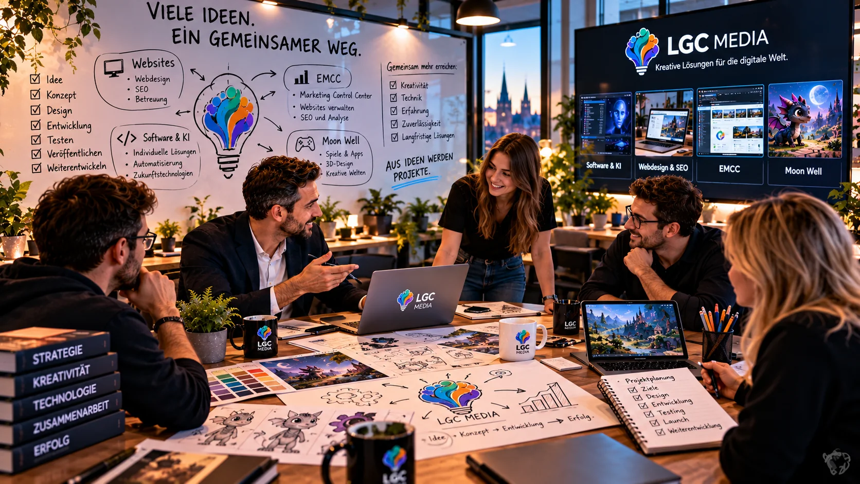Kreativteam entwickelt gemeinsam Ideen an einem Tisch mit Entwürfen, Laptops und Projektunterlagen