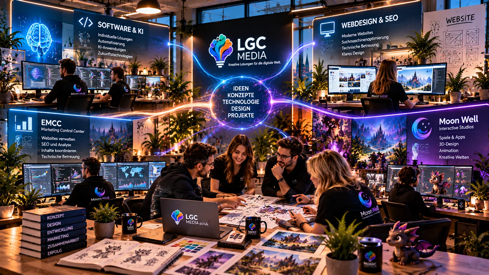 Konzeptdarstellung vernetzter Arbeitsbereiche für Software, Webdesign, Marketingtechnik und Game Design