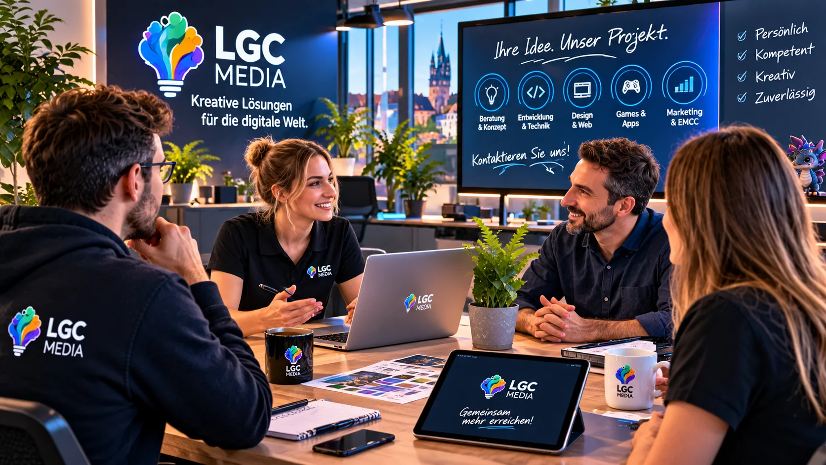 Freundliches Projektgespräch an einem Tisch mit Laptop, Entwürfen und kreativen Unterlagen
