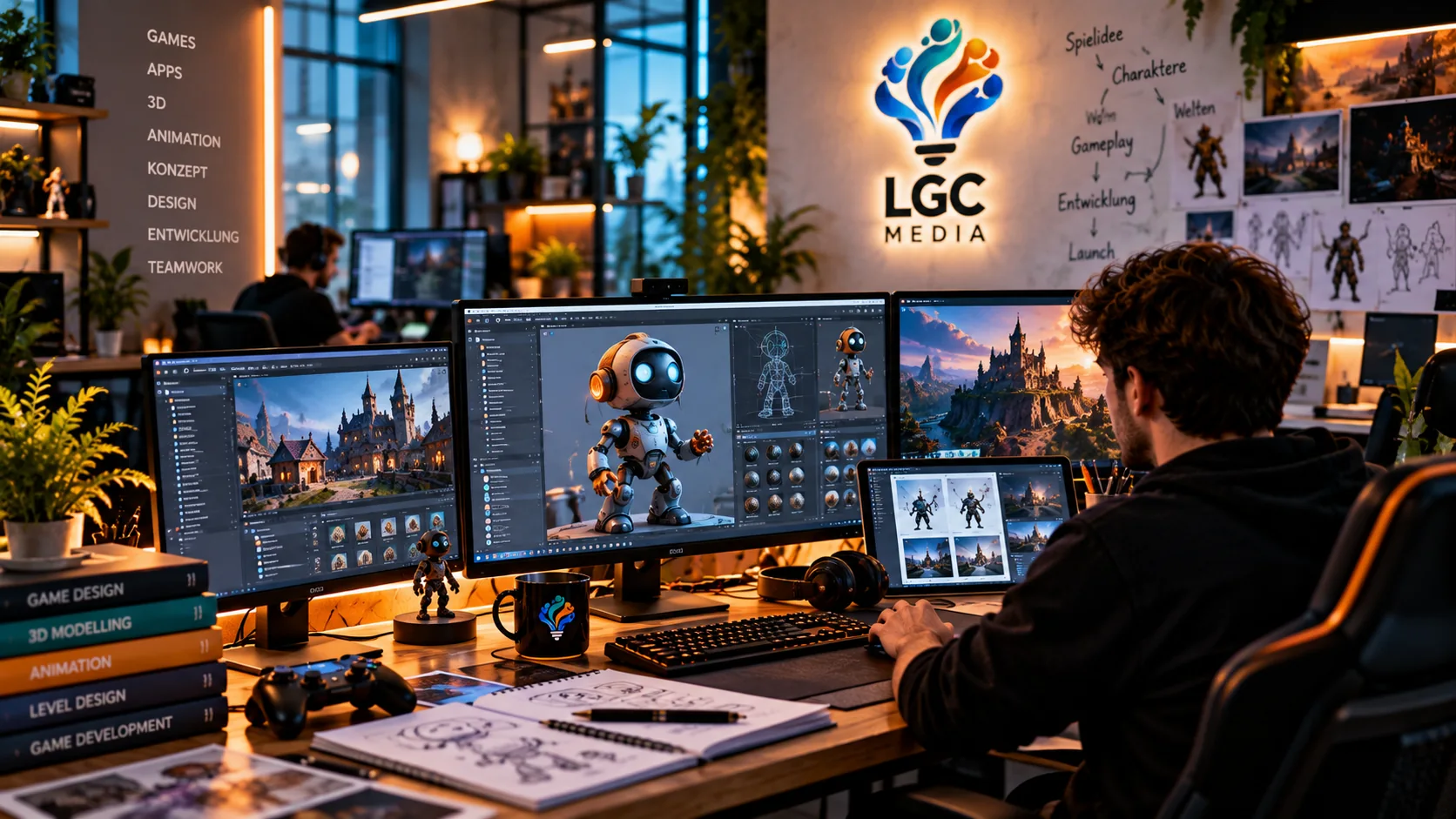 Konzeptbild einer Entwicklungsumgebung für Computerspiele mit 3D-Figuren und Spielwelten