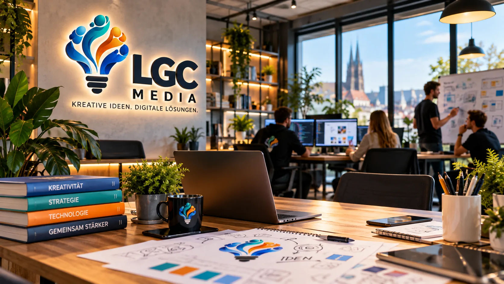 Inszeniertes Kreativstudio mit Arbeitsplätzen, Ideenentwicklung und LGC-Media-Markenmotiv