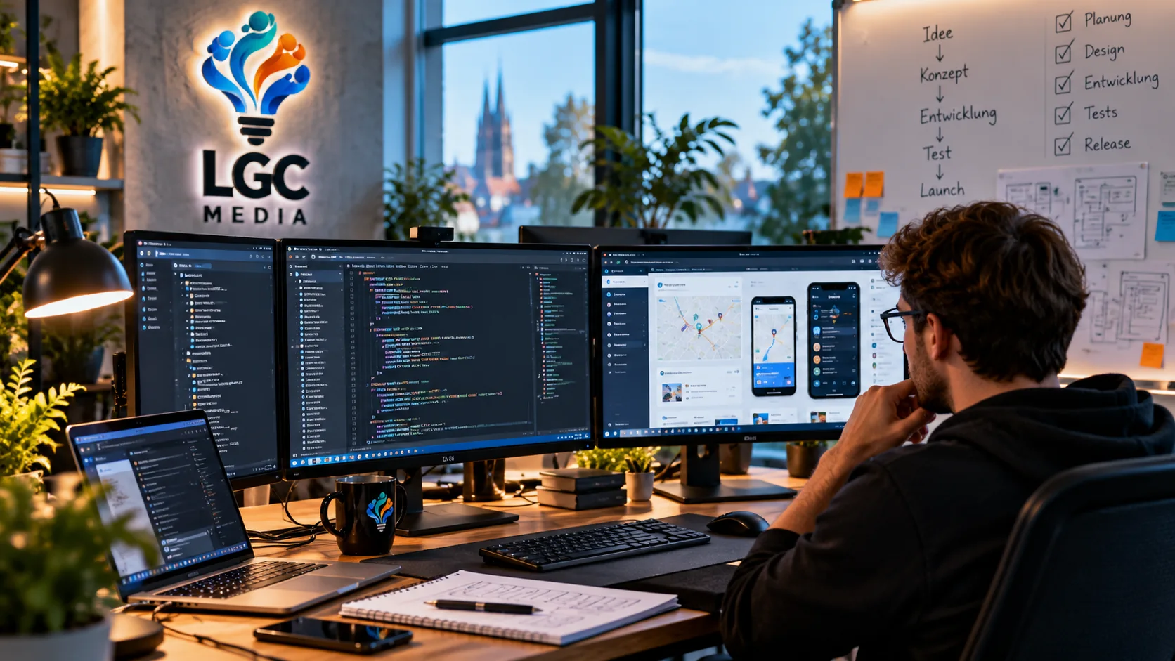 Konzeptbild eines Arbeitsplatzes für Softwareentwicklung mit Code und digitalen Oberflächen