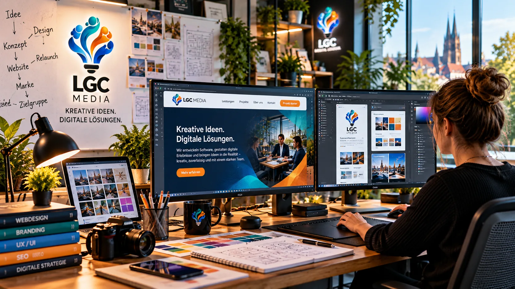 Konzeptbild eines Webdesign-Arbeitsplatzes mit Website-Layouts und Gestaltungsentwürfen